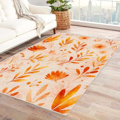 TZKRWRH Teppich Einfarbig Waschbar Boho-Pflanzendruck Zeitgenössischer Moderner Abstrakter Bohemian pflegeleicht Küche Wohnzimmer Schlafzimmer(orange 49)-90x120cm von TZKRWRH