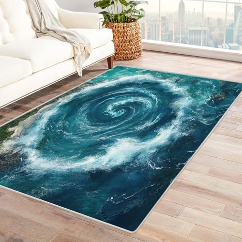 TZKRWRH Teppich Einfarbig Waschbar Ozean-Whirlpool Zeitgenössischer Moderner Abstrakter Bohemian pflegeleicht Küche Wohnzimmer Schlafzimmer(blau)-90x150cm von TZKRWRH