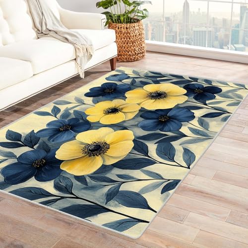 TZKRWRH Vintage Teppich Kurzflor Blume Boho Western Teppiche Gegend für Flur Badezimmer Wohnzimmerteppich Boho weicher Eingangsteppich(blau)-150x240cm von TZKRWRH