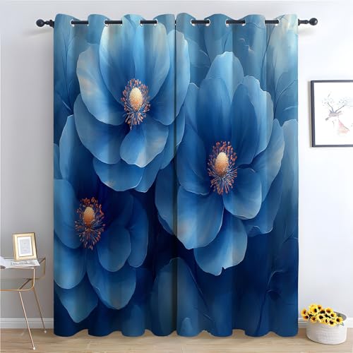 TZKRWRH Vintage Vorhänge Boho Stil Blau Blumen Blickdichte Thermo Vorhang Kälteschutz Blackout Curtain Mädchenzimmer Schlafzimmer Verdunkelung-H180 x B140 cm (2er Pack) von TZKRWRH