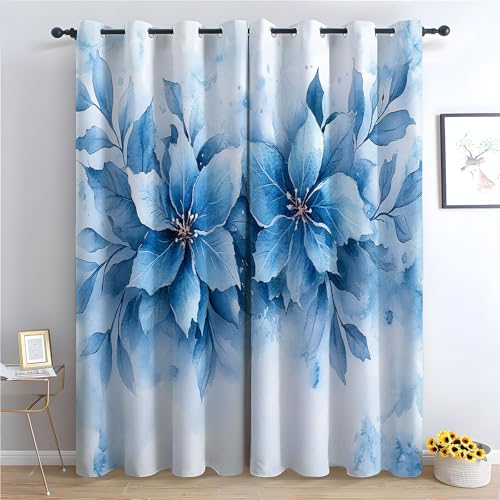 TZKRWRH Vintage Vorhänge Boho Stil Blauer Boho-Blumenstil Blickdichte Thermo Vorhang Kälteschutz Blackout Curtain Mädchenzimmer Schlafzimmer Verdunkelung-H300 x B140 cm (2er Pack) von TZKRWRH