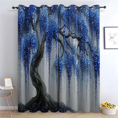 TZKRWRH Vintage Vorhänge Boho Stil Blauer hängender Baum Blickdichte Thermo Vorhang Kälteschutz Blackout Curtain Mädchenzimmer Schlafzimmer Verdunkelung-H220 x B132 cm (2er Pack) von TZKRWRH
