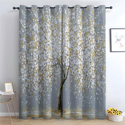 TZKRWRH Vintage Vorhänge Boho Stil Blühender Baum Blickdichte Thermo Vorhang Kälteschutz Blackout Curtain Mädchenzimmer Schlafzimmer Verdunkelung-H180 x B140 cm (2er Pack) von TZKRWRH