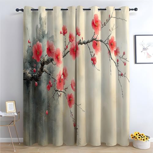 TZKRWRH Vintage Vorhänge Boho Stil Blumen im Tintenstil Blickdichte Thermo Vorhang Kälteschutz Blackout Curtain Mädchenzimmer Schlafzimmer Verdunkelung-H180 x B100 cm (2er Pack) von TZKRWRH