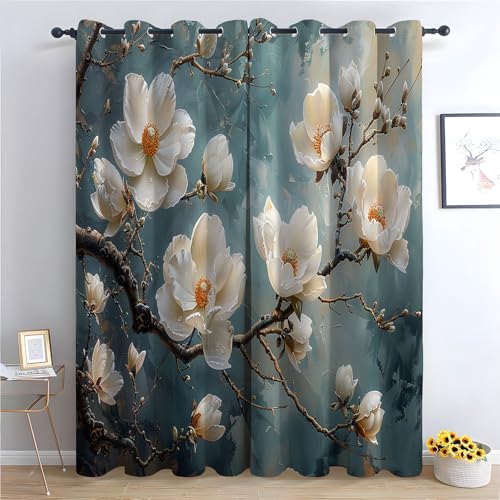 TZKRWRH Vintage Vorhänge Boho Stil Blumen im Tintenstil Blickdichte Thermo Vorhang Kälteschutz Blackout Curtain Mädchenzimmer Schlafzimmer Verdunkelung-H300 x B140 cm (2er Pack) von TZKRWRH