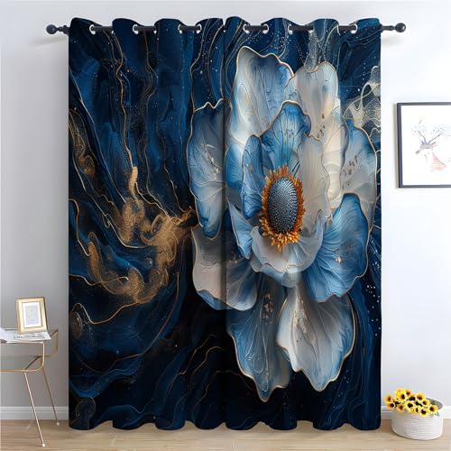 TZKRWRH Vintage Vorhänge Boho Stil Blumen mit Blauer Textur Blickdichte Thermo Vorhang Kälteschutz Blackout Curtain Mädchenzimmer Schlafzimmer Verdunkelung-H180 x B140 cm (2er Pack) von TZKRWRH
