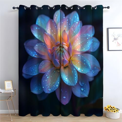 TZKRWRH Vintage Vorhänge Boho Stil Blumen mit Wassertropfen Blickdichte Thermo Vorhang Kälteschutz Blackout Curtain Mädchenzimmer Schlafzimmer Verdunkelung-H180 x B100 cm (2er Pack) von TZKRWRH