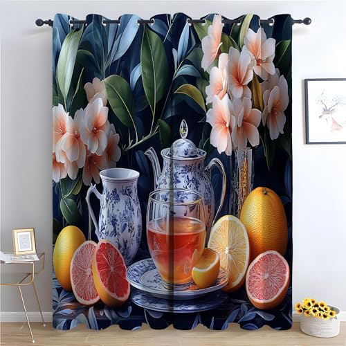 TZKRWRH Vintage Vorhänge Boho Stil Früchte und Blumen Blickdichte Thermo Vorhang Kälteschutz Blackout Curtain Mädchenzimmer Schlafzimmer Verdunkelung-H230 x B130 cm (2er Pack) von TZKRWRH