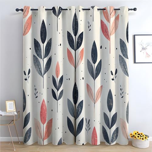 TZKRWRH Vintage Vorhänge Boho Stil Geometrisches Blattmuster Blickdichte Thermo Vorhang Kälteschutz Blackout Curtain Mädchenzimmer Schlafzimmer Verdunkelung-H180 x B100 cm (2er Pack) von TZKRWRH