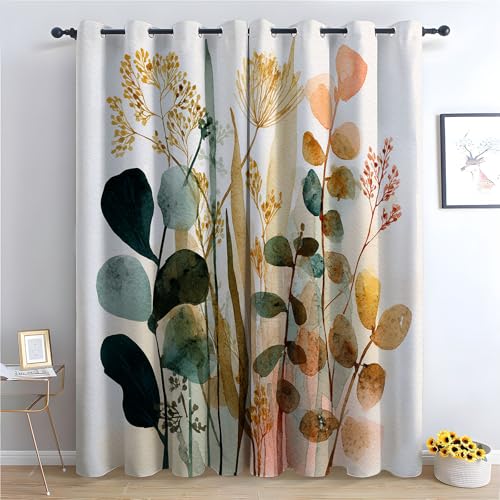 TZKRWRH Vintage Vorhänge Boho Stil Getrocknete Pflanzen Anordnung Blickdichte Thermo Vorhang Kälteschutz Blackout Curtain Mädchenzimmer Schlafzimmer Verdunkelung-H220 x B132 cm (2er Pack) von TZKRWRH