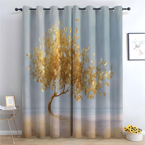 TZKRWRH Vintage Vorhänge Boho Stil Goldener Baum im Herbst Blickdichte Thermo Vorhang Kälteschutz Blackout Curtain Mädchenzimmer Schlafzimmer Verdunkelung-H215 x B100 cm (2er Pack) von TZKRWRH