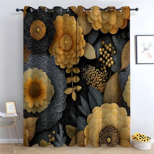 TZKRWRH Vintage Vorhänge Boho Stil Goldenes Blumenmuster Blickdichte Thermo Vorhang Kälteschutz Blackout Curtain Mädchenzimmer Schlafzimmer Verdunkelung-H180 x B100 cm (2er Pack) von TZKRWRH