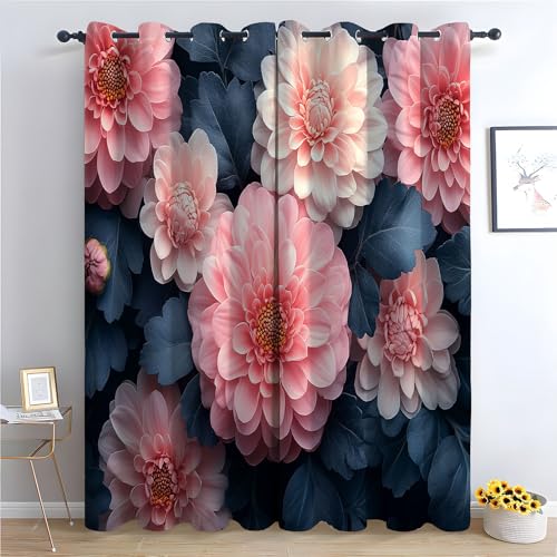 TZKRWRH Vintage Vorhänge Boho Stil Rosa Blumen Blickdichte Thermo Vorhang Kälteschutz Blackout Curtain Mädchenzimmer Schlafzimmer Verdunkelung-H240 x B140 cm (2er Pack) von TZKRWRH