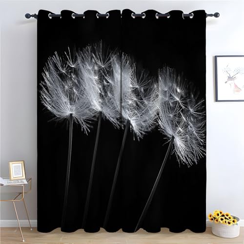 TZKRWRH Vintage Vorhänge Boho Stil Schwarz-weiße Blume Blickdichte Thermo Vorhang Kälteschutz Blackout Curtain Mädchenzimmer Schlafzimmer Verdunkelung-H300 x B140 cm (2er Pack) von TZKRWRH