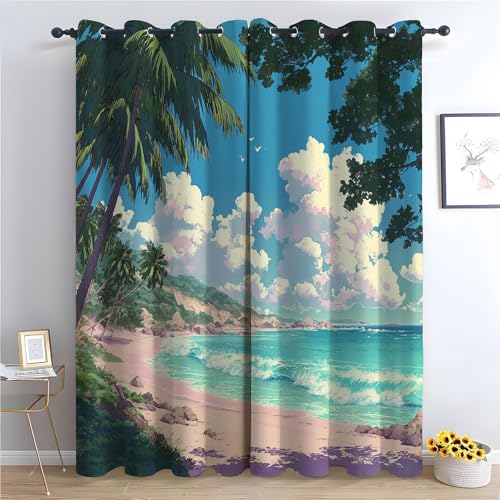 TZKRWRH Vintage Vorhänge Boho Stil Sonnenuntergangsszene am Meer Blickdichte Thermo Vorhang Kälteschutz Blackout Curtain Mädchenzimmer Schlafzimmer Verdunkelung-H300 x B140 cm (2er Pack) von TZKRWRH