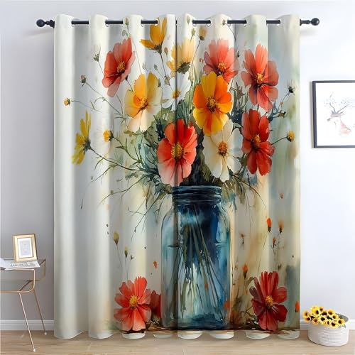 TZKRWRH Vorhänge mit Ösen im ländlichen Stil Vase mit Blumen Vorhang für Schlafzimmer Privatsphäre, Fenstervorhänge für Wohnzimmer Schlafzimmer-H215 x B100 cm (2er Pack) von TZKRWRH