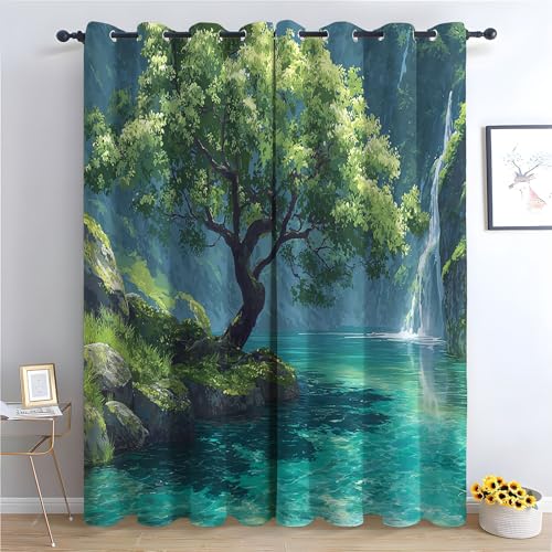 TZKRWRH Vorhang Blickdicht Vorhänge mit Ösen Baum-Wasserfall-Szene Gardinen Deko Ösenvorhang Dekoschal Dekogardinen für Schlafzimmer Wohnzimmer-H220 x B132 cm (2er Pack) von TZKRWRH