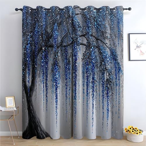 TZKRWRH Vorhang Blickdicht Vorhänge mit Ösen Blauer hängender Baum Gardinen Deko Ösenvorhang Dekoschal Dekogardinen für Schlafzimmer Wohnzimmer-H220 x B132 cm (2er Pack) von TZKRWRH
