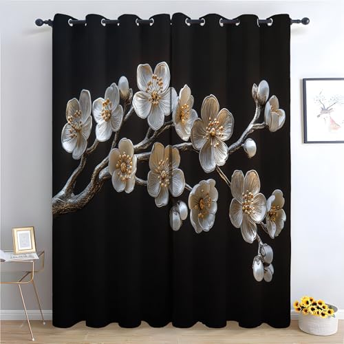 TZKRWRH Vorhang Blickdicht Vorhänge mit Ösen Blüten aus Weißgold Gardinen Deko Ösenvorhang Dekoschal Dekogardinen für Schlafzimmer Wohnzimmer-H220 x B132 cm (2er Pack) von TZKRWRH