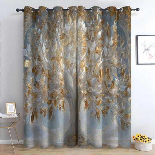 TZKRWRH Vorhang Blickdicht Vorhänge mit Ösen Goldener weißer Baum Gardinen Deko Ösenvorhang Dekoschal Dekogardinen für Schlafzimmer Wohnzimmer-H240 x B140 cm (2er Pack) von TZKRWRH