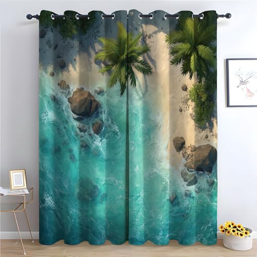 TZKRWRH Vorhang Blickdicht Vorhänge mit Ösen Meer und Bäume Gardinen Deko Ösenvorhang Dekoschal Dekogardinen für Schlafzimmer Wohnzimmer-H160 x B70 cm (2er Pack) von TZKRWRH
