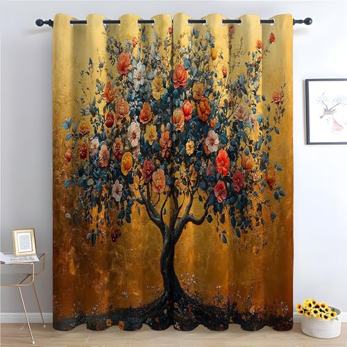 TZKRWRH Vorhang Blickdicht Vorhänge mit Ösen Orangen-Obstbaum Gardinen Deko Ösenvorhang Dekoschal Dekogardinen für Schlafzimmer Wohnzimmer-H230 x B130 cm (2er Pack) von TZKRWRH