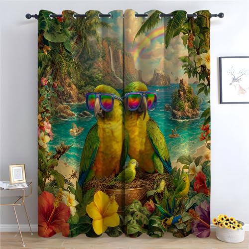 TZKRWRH Vorhang Blickdicht Vorhänge mit Ösen Papagei Tropisch Blumen Gardinen Deko Ösenvorhang Dekoschal Dekogardinen für Schlafzimmer Wohnzimmer-H300 x B140 cm (2er Pack) von TZKRWRH