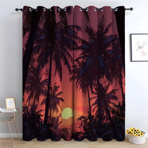 TZKRWRH Vorhang Blickdicht Vorhänge mit Ösen Sonnenuntergang und Bäume Gardinen Deko Ösenvorhang Dekoschal Dekogardinen für Schlafzimmer Wohnzimmer-H180 x B140 cm (2er Pack) von TZKRWRH