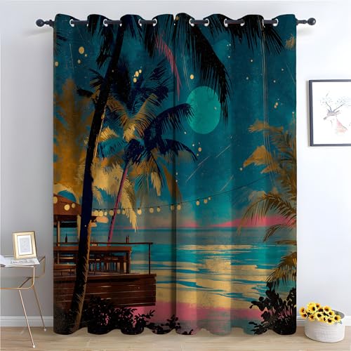 TZKRWRH Vorhang Blickdicht Vorhänge mit Ösen Tropischer Sonnenuntergangsbaum Gardinen Deko Ösenvorhang Dekoschal Dekogardinen für Schlafzimmer Wohnzimmer-H160 x B100 cm (2er Pack) von TZKRWRH