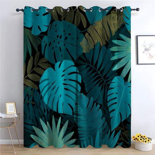 TZKRWRH Vorhang Blickdicht Vorhänge mit Ösen Tropisches Blattmuster Gardinen Deko Ösenvorhang Dekoschal Dekogardinen für Schlafzimmer Wohnzimmer-H160 x B100 cm (2er Pack) von TZKRWRH