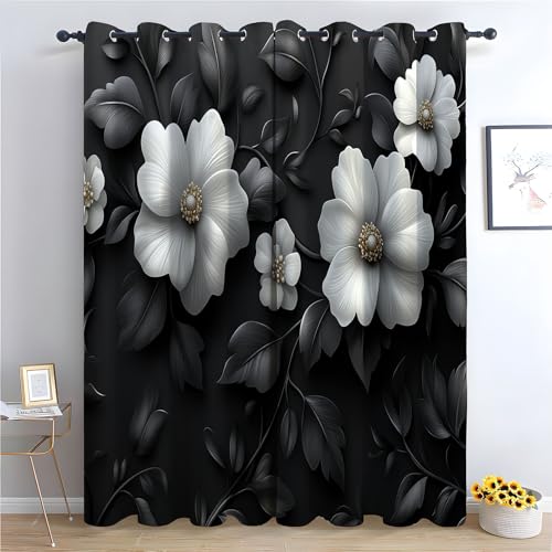 TZKRWRH Vorhang Blickdicht Vorhänge mit Ösen Weiße Blume Schwarzes Blatt Gardinen Deko Ösenvorhang Dekoschal Dekogardinen für Schlafzimmer Wohnzimmer-H160 x B100 cm (2er Pack) von TZKRWRH