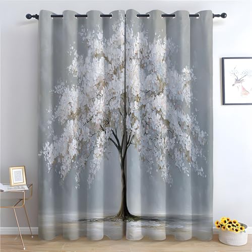 TZKRWRH Vorhang Blickdicht Vorhänge mit Ösen Weißer Blumenbaum Gardinen Deko Ösenvorhang Dekoschal Dekogardinen für Schlafzimmer Wohnzimmer-H140 x B110 cm (2er Pack) von TZKRWRH