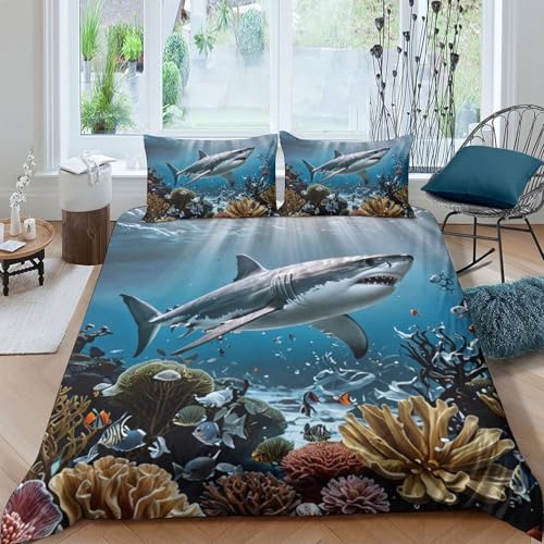 TZOVPCDFA Hai Bettbezug Set Bettwäsche Set Kinderbettwäsche-Set Reißverschluss Mit Kissenbezug Betten Set Für Jungen Und Mädchen, Kinder King（220x240cm） von TZOVPCDFA
