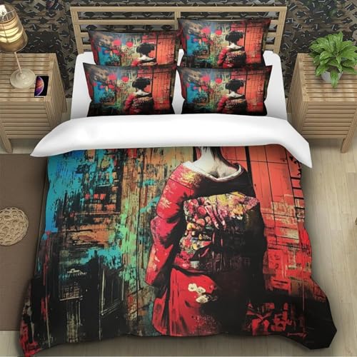 TZOVPCDFA Japanische Graffiti Bettbezug Bettwäsche Set Kinderbettwäsche Reißverschluss Mit Kissenbezügen Betten Set Für Jungen Und Mädchen, Kinder Super King（260x220cm） von TZOVPCDFA