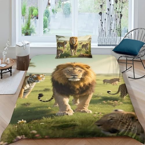 TZOVPCDFA Löwen Bettbezug Set Bettwäsche Kinderbettwäsche-Set Reißverschluss Mit Kissenbezug Betten Set Für Jugendliche Kinder Schlafzimmer Single（135x200cm） von TZOVPCDFA