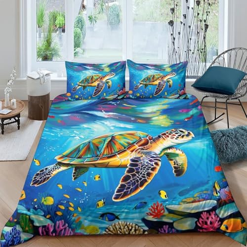 TZOVPCDFA Meeresschildkröte Bettbezug Set Bettwäsche Kinderbettwäsche-Set Reißverschluss Mit Kissenbezügen Betten Set Für Jungen Und Mädchen, Kinder King（220x240cm） von TZOVPCDFA