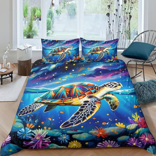 TZOVPCDFA Meeresschildkröte Bettbezug Set Bettwäsche Set Kinderbettwäsche Reißverschluss Mit Kissenbezug Betten Set Für Jungen Und Mädchen, Kinder Double（200x200cm） von TZOVPCDFA