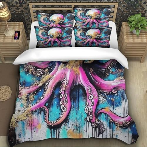 TZOVPCDFA Octopus Bettbezug Set Bettwäsche Kinderbettwäsche-Set Reißverschluss Mit Kissenbezug Betten Set Für Jugendliche Kinder Schlafzimmer Super King（260x220cm） von TZOVPCDFA