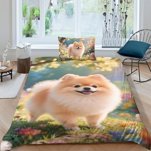 TZOVPCDFA Pommern Bettbezug Bettwäsche Kinderbettwäsche-Set Reißverschluss Mit Kissenbezügen Betten Set Für Jungen Und Mädchen, Kinder Single（135x200cm） von TZOVPCDFA