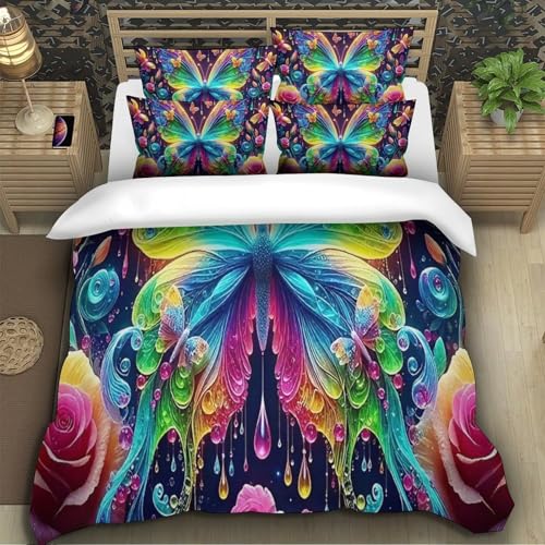 TZOVPCDFA Schmetterling Bettbezug Set Bettwäsche Set Kinderbettwäsche-Set Reißverschluss Mit Kissenbezügen Betten Set Für Jungen Und Mädchen, Kinder Super King（260x220cm） von TZOVPCDFA