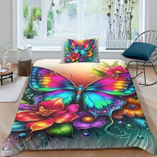 TZOVPCDFA Schmetterling Bettbezug Set Bettwäsche-Sets Kinderbettwäsche Reißverschluss Mit Kissenbezug Betten Set Für Jugendliche Kinder Schlafzimmer Single（135x200cm） von TZOVPCDFA