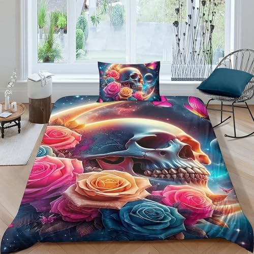 TZOVPCDFA Skelett Bettbezug Set Bettwäsche Kinderbettwäsche-Set Reißverschluss Mit Kissenbezügen Betten Set Für Jungen Und Mädchen, Kinder Single（135x200cm） von TZOVPCDFA