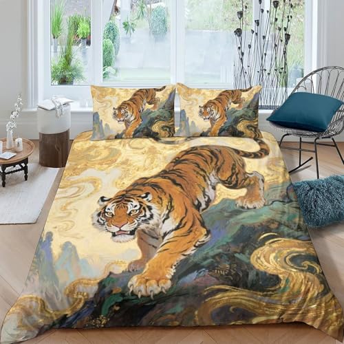 TZOVPCDFA Tiger Bettbezug Bettwäsche Kinderbettwäsche Reißverschluss Mit Kissenbezügen Betten Set Für Jugendliche Kinder Schlafzimmer Double（200x200cm） von TZOVPCDFA