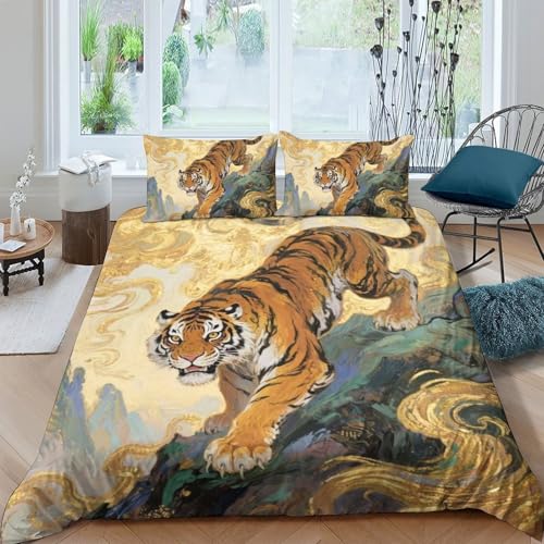 TZOVPCDFA Tiger Bettbezug Bettwäsche-Sets Kinderbettwäsche-Set Reißverschluss Mit Kissenbezug Betten Set Für Jugendliche Kinder Schlafzimmer King（220x240cm） von TZOVPCDFA