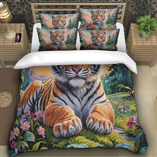 TZOVPCDFA Tiger Bettbezug Set Bettwäsche Set Kinderbettwäsche Reißverschluss Mit Kissenbezug Betten Set Für Jugendliche Kinder Schlafzimmer Super King（260x220cm） von TZOVPCDFA