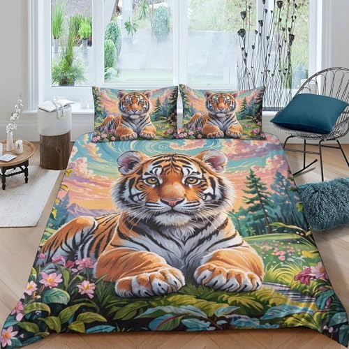 TZOVPCDFA Tiger Bettbezug Set Bettwäsche-Sets Kinderbettwäsche Reißverschluss Mit Kissenbezügen Betten Set Für Jugendliche Kinder Schlafzimmer Double（200x200cm） von TZOVPCDFA