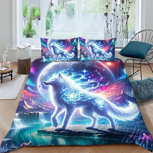 TZOVPCDFA Wolf Bettbezug Bettwäsche Kinderbettwäsche Reißverschluss Mit Kissenbezügen Betten Set Für Jungen Und Mädchen, Kinder King（220x240cm） von TZOVPCDFA