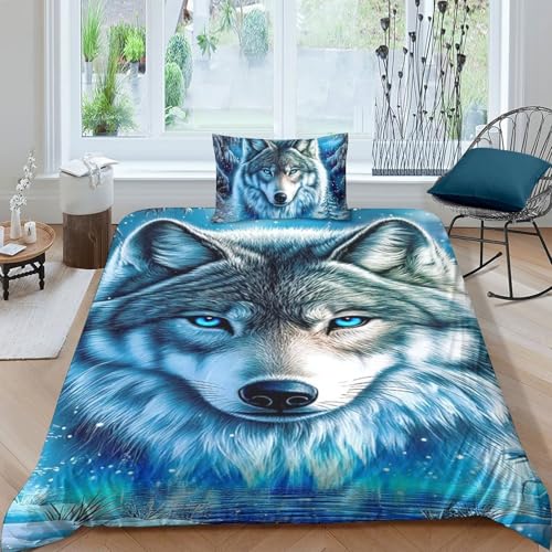 TZOVPCDFA Wolf Bettbezug Bettwäsche Kinderbettwäsche-Set Reißverschluss Mit Kissenbezug Betten Set Für Jungen Und Mädchen, Kinder Single（135x200cm） von TZOVPCDFA