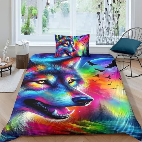 TZOVPCDFA Wolf Bettbezug Bettwäsche Set Kinderbettwäsche Reißverschluss Mit Kissenbezügen Betten Set Für Jungen Und Mädchen, Kinder Single（135x200cm） von TZOVPCDFA