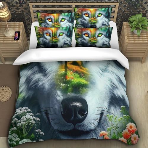 TZOVPCDFA Wolf Bettbezug Bettwäsche Set Kinderbettwäsche-Set Reißverschluss Mit Kissenbezügen Betten Set Für Jugendliche Kinder Schlafzimmer Super King（260x220cm） von TZOVPCDFA
